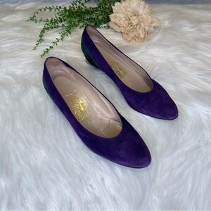 Vintage Suede Ferragamo Wedge Heels Purple Navy Green Size 8.5 Narrow AA